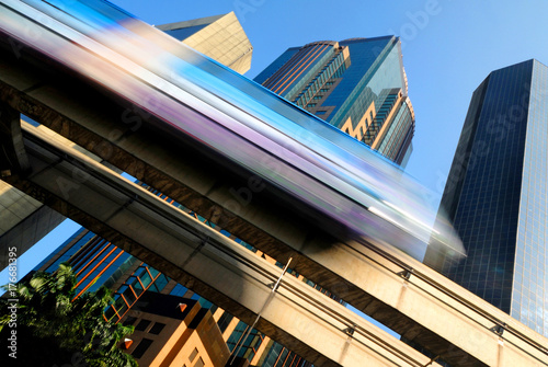 Photography Motion blur of a skytrain speeding through a modern business district