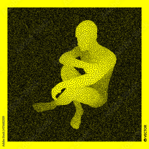 Sitting man. 3D Human Body Model. Black and yellow grainy design. Stippled vector illustration.