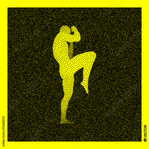 Fighter. Sports concept. 3D Human Body Model. Black and yellow grainy design. Stippled vector illustration.
