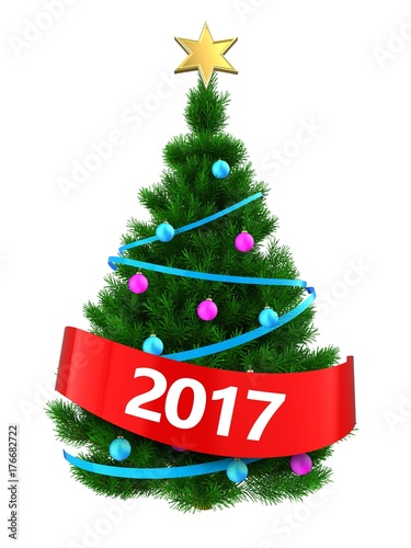 3d dark green Christmas tree with 2017 sign