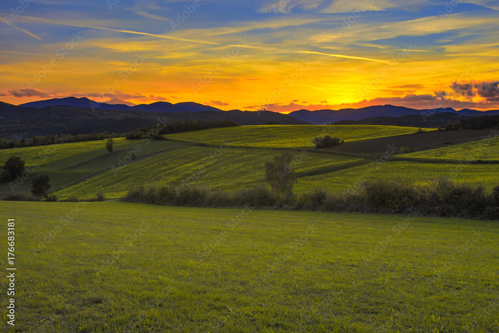beautiful green meadows landscape on sunset time 