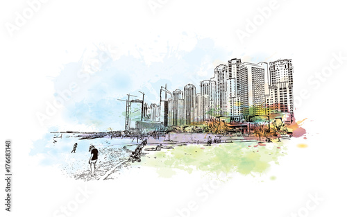 Watercolor splash with sketch of Dubai Buildings near beach in vector illustration.
