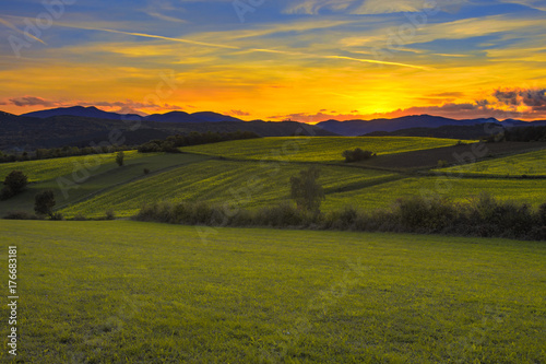 beautiful green meadows landscape on sunset time 