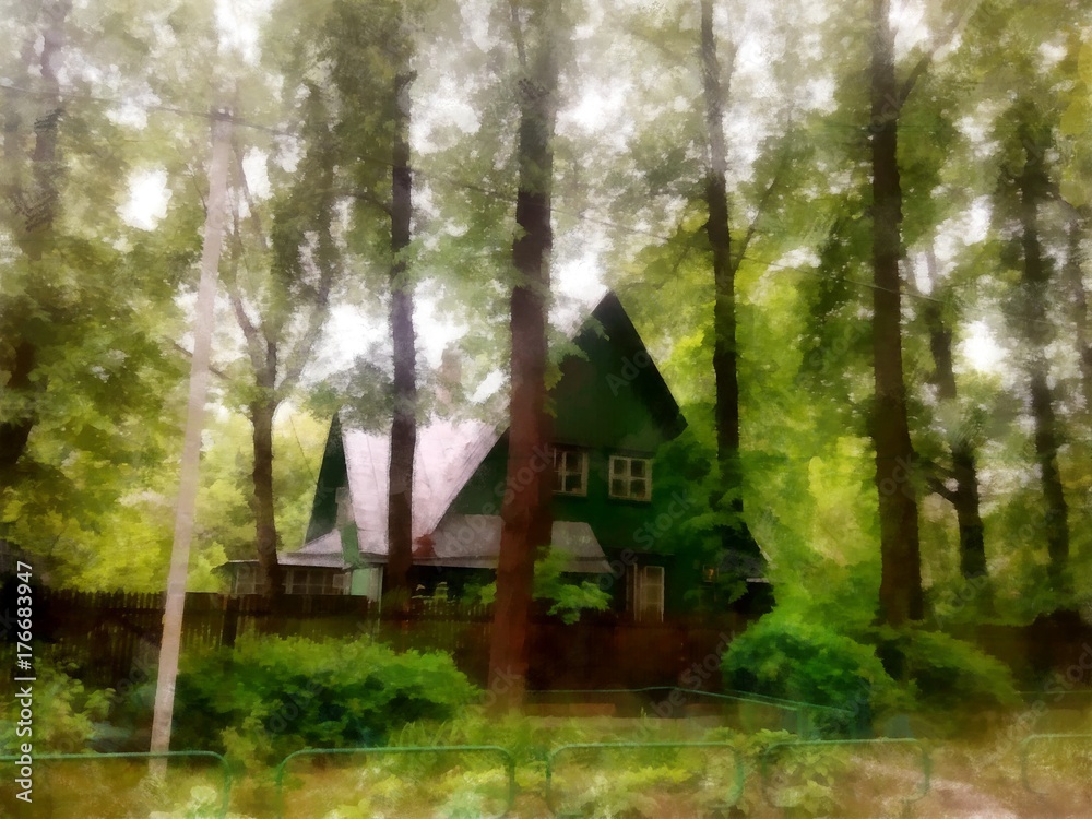 A cozy wooden house hid in thickets among tall, slender pines and bushes on the old paper background