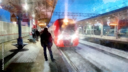 Winter landscape in gloomy day. A bright red train arrives on a snow-covered platform