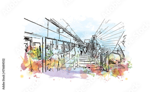 Watercolor splash with sketch of Inside Metro Station Dubai UAE in vector illustration.