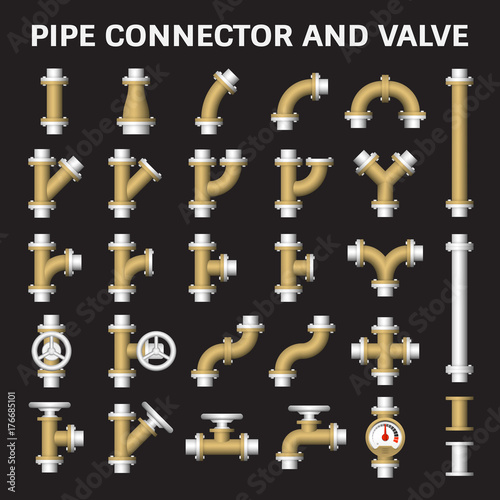Pipe icon and flange fitting. Include control valve and pressure gauge. For pipeline construction and transportation liquid or gas i.e. oil, natural gas. Also for sewage, plumbing and irrigation.