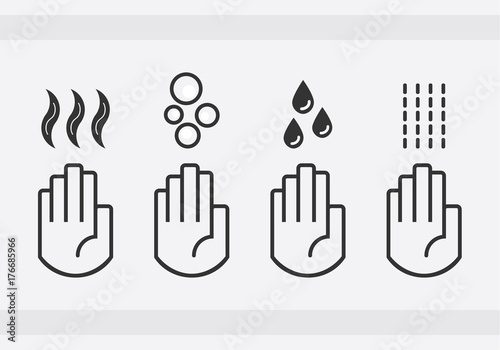 Black isolated washing hands with water drops, soap, and blow dryer air sign icons set on gray background