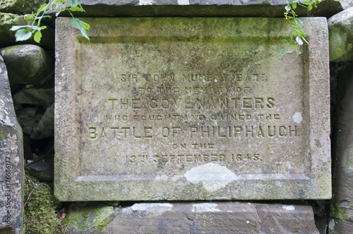Plaque set in cairn commemorating the Battle of Philiphaugh, Philiphaugh Estates, Selkrik photo