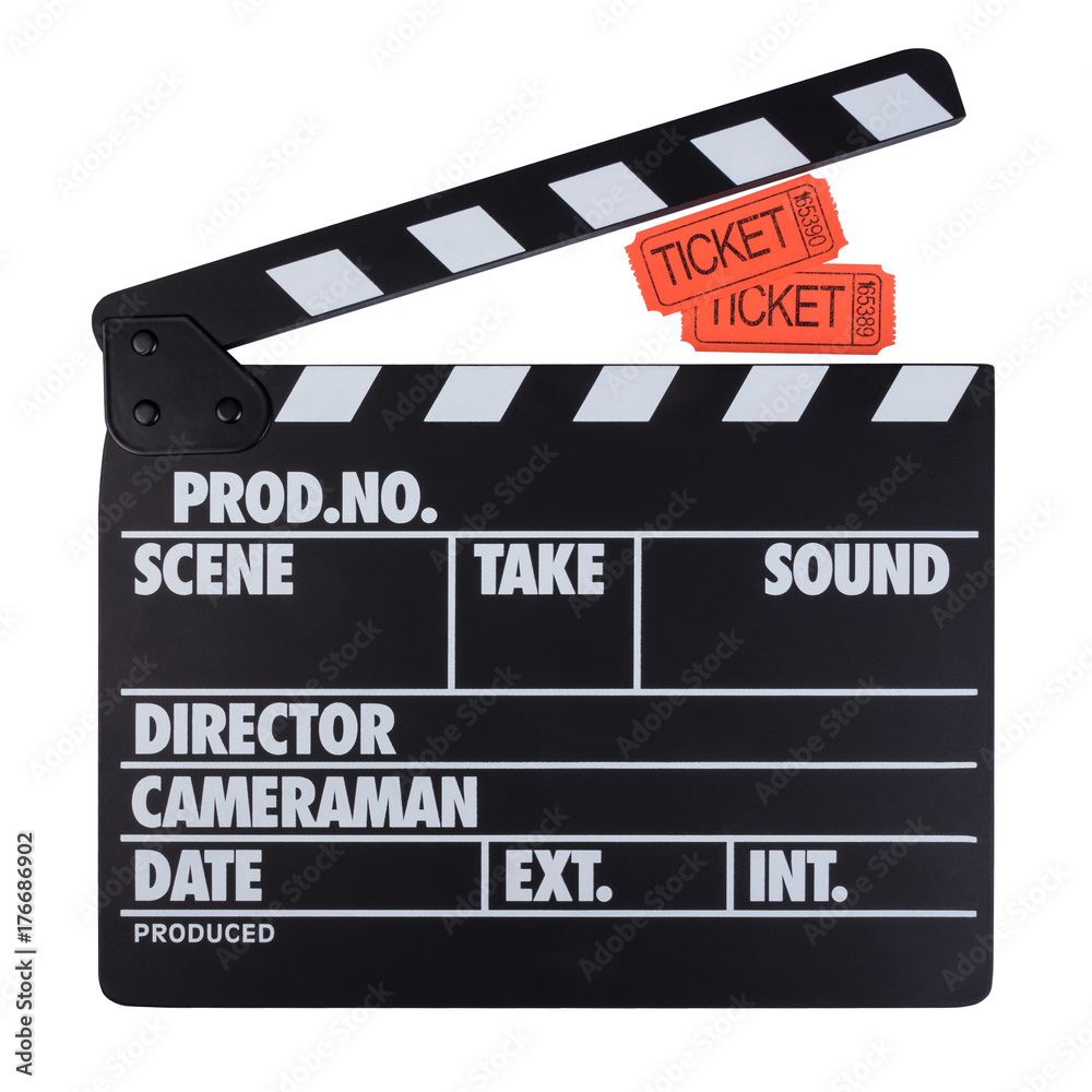 Obraz premium Black with white letters clapper and movie tickets isolated on white.