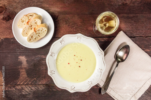 Overhead photo of French vichyssoise soup with copyspace photo