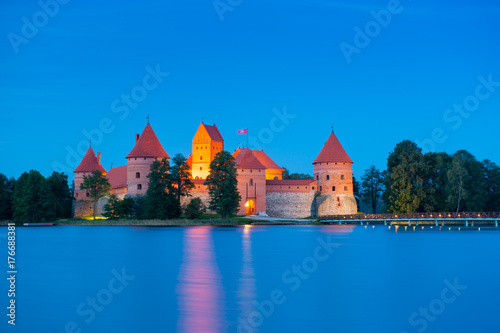 Trakai Castle at night - Island castle in Trakai is one of the most popular touristic destinations in Lithuania, houses a museum and a cultural center.