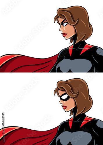 Superheroine Portrait / Close up of superheroine over white background and in 2 versions: with mask and unmasked. 