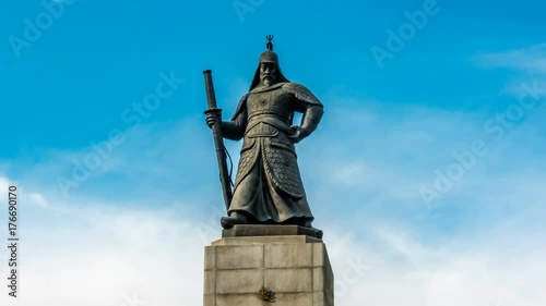 Seoul, South Korea - Taking the statue of Admiral Yi Sun-shin as Time lapse in Gwanghwamun. Zoom in
