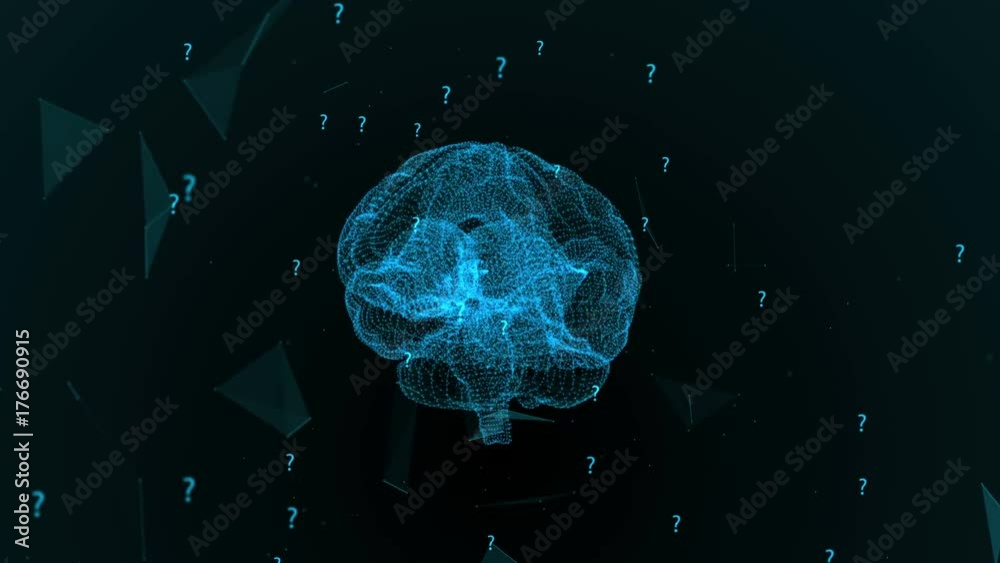 The human brain from the plexus. Blue abstract futuristic science and technology background. Plexus and question marks swirl around the human brain. Loop animation. The human brain from the plexus. Blue abstract futuristic science and technology background. Plexus and question marks swirl around the human brain. Loop animation.