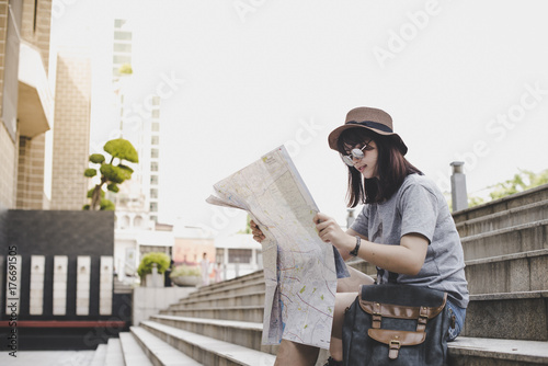 young women with backpack travel architecture location in thailand