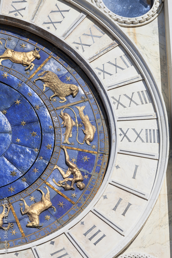 St Mark's Clock tower (Torre dell'Orologio) on Piazza San Marco, astronomical clock, St Mark's Square, Venice, Italy