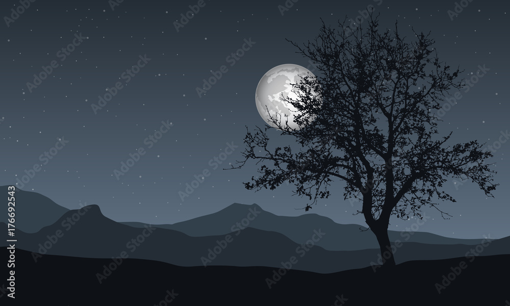 Vector illustration of a panoramic night mountain landscape with tree, under the sky with moon and stars Vector illustration of a panoramic night mountain landscape with tree, under the sky with moon and stars