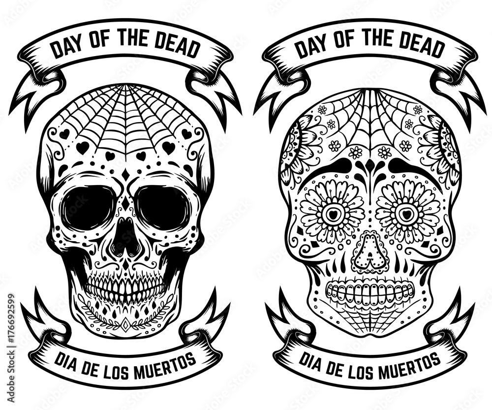 Fototapeta premium Day of the dead. Dia de los muertos. Set of the sugar skulls. Design elements for poster, greeting card, banner. Vector illustration