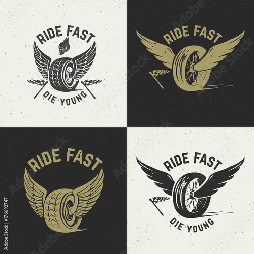Ride fast die young. Hand drawn wheel with wings on grunge background.