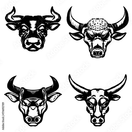 Set of hand drawn bull heads on white background.