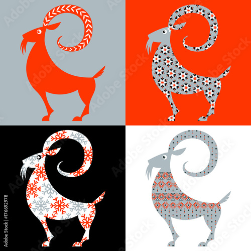 Scandinavian traditional Christmas decoration: Set of 4 Yule Goats  with different patterns. Julbock.