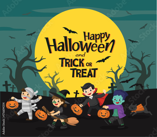 Happy Halloween. Children dressed in Halloween fancy dress to go Trick or Treating.Template for advertising brochure.