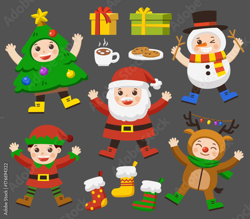 Set of cute kids dressed in Christmas costumes. Deer, Santa, Elf ,Tree and snowman. Merry Christmas character set.