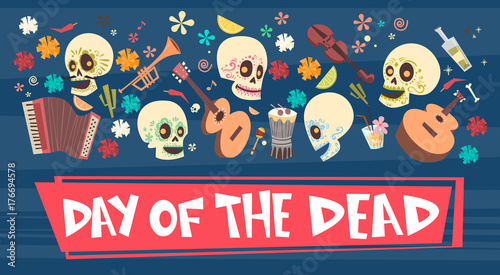 Day Of Dead Traditional Mexican Halloween Dia De Los Muertos Holiday Party Decoration Banner Invitation Flat Vector Illustration photo