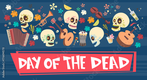 Day Of Dead Traditional Mexican Halloween Dia De Los Muertos Holiday Party Decoration Banner Invitation Flat Vector Illustration