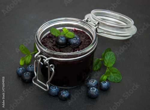 Jar with blueberry jam