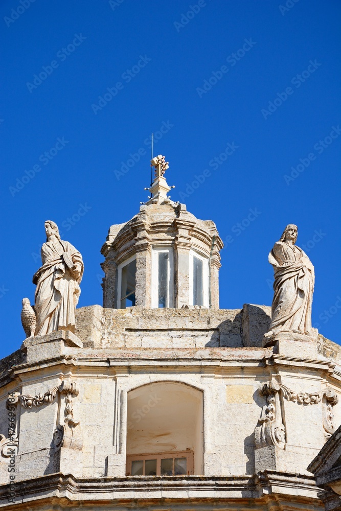 Front view of Providenza Chapel dome and statues, Tal Providenza, Malta.