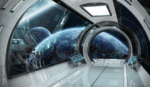 Fototapeta Naklejka Na Ścianę i Meble -  Spaceship interior with view on planets 3D rendering elements of this image furnished by NASA