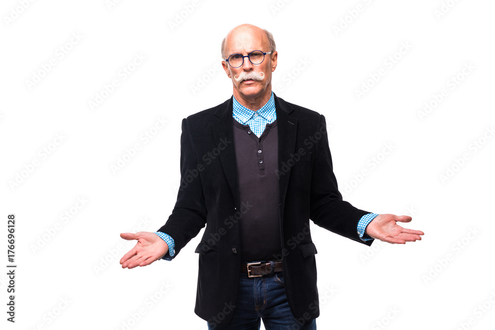 Senior man shrugging with raised hands on white background Senior man shrugging with raised hands on white background
