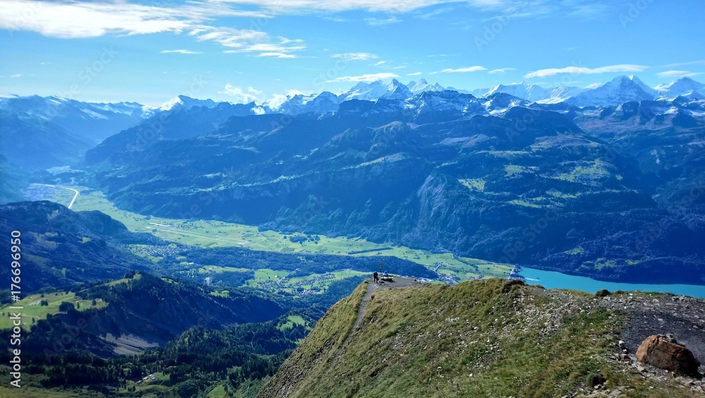 Panoramic view of Brienz and the stunning view of mountain range in a beautiful day, Switzerland