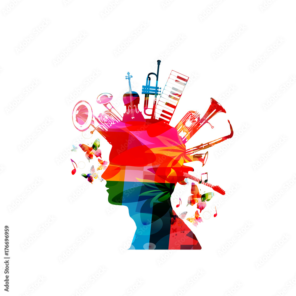 Naklejka premium Colorful man silhouette with music instruments. Music instruments with human head for card, poster, invitation. Music background design vector illustration