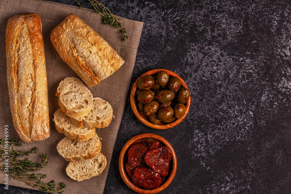 Fresh bread with snacks. Fresh bread with snacks.