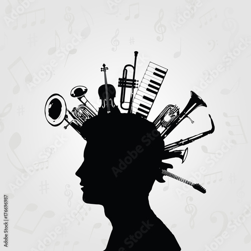 Black and white man silhouette with music instruments. Music instruments with human head for card, poster, invitation. Music background design vector illustration