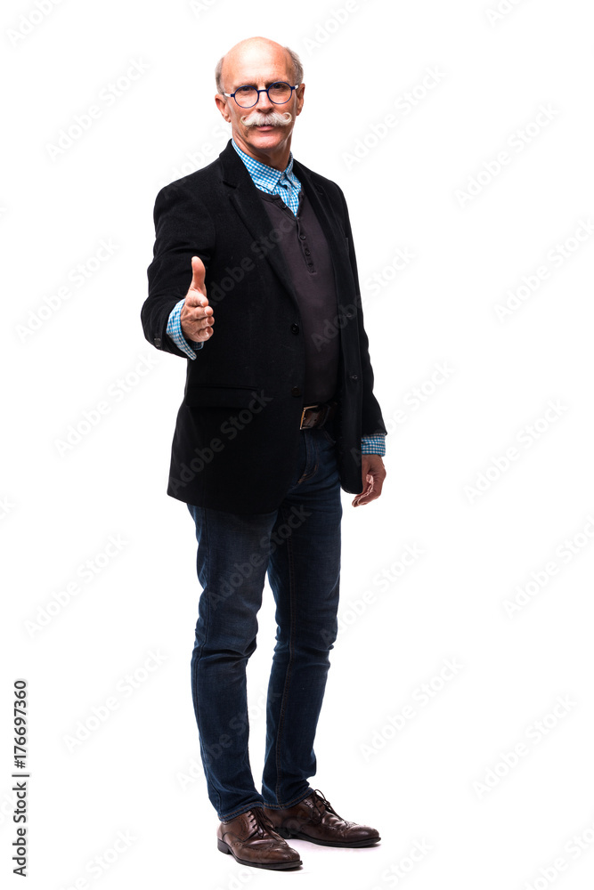 Joyous businessman extending his hand, accept the deal on white Joyous businessman extending his hand, accept the deal on white