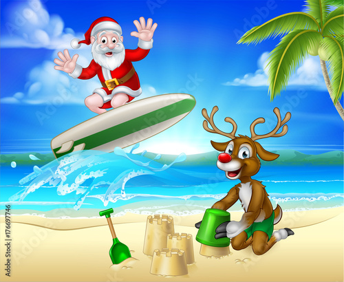 Santa Surfing and Reindeer on Tropical Beach