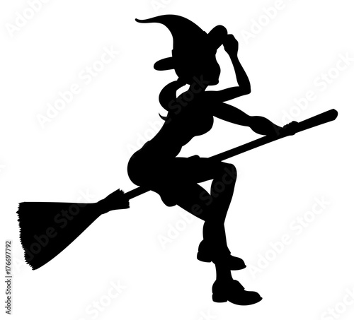 Silhouette Halloween Witch Flying On Broomstick