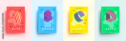 Modern Typographic Colorful Covers. Isometric Letters A, B, C, D With Abstract Memphis Design Background. Vector Trendy Template For Your Posters, Banners, Presentations, Layouts