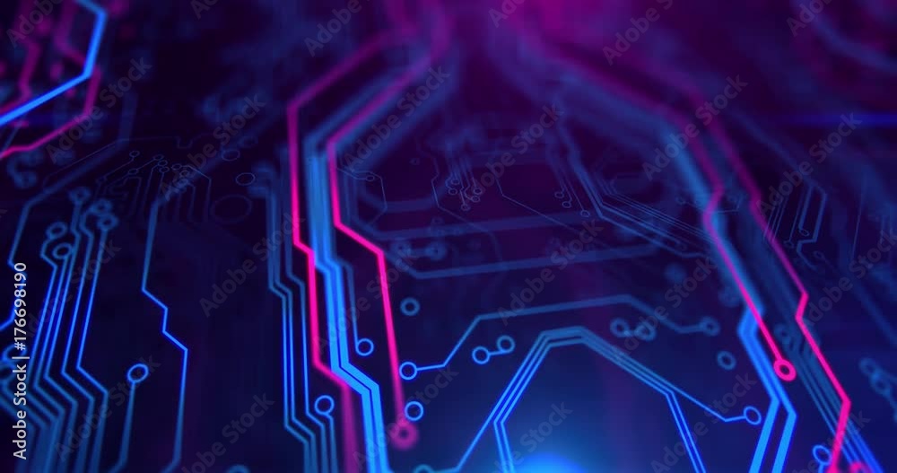 Printed circuit board video. Motherboard. Blue and purple digital technology background.