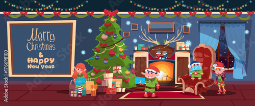 Merry Christmas And Happy New Year Greeting Card With Elfs Near Fireplace Concept Winter Holiday Banner Flat Vector Illustration