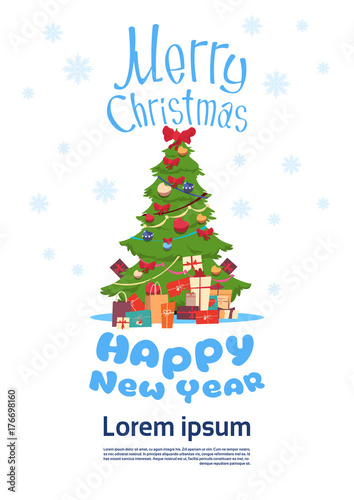 Merry Christmas And Happy New Year Greeting Card Concept Decorated Pine Tree Holiday Banner Flat Vector Illustration
