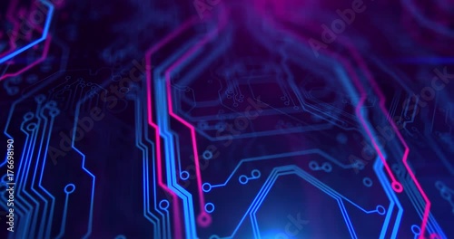 Printed circuit board video. Motherboard. Blue and purple digital technology background.