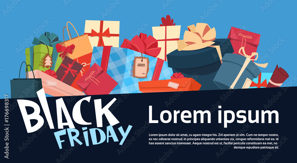 Black Friday Christmas And Happy New Year Promotion Banner Seasonal Holiday Present Boxes Shopping Discount Label Flat Vector Illustration