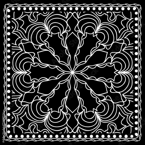 Black and white Bandana Print with mandala pattern, silk neck scarf square. Design for print on fabric, pillow, carpet . Vector illustration.