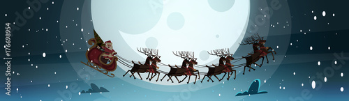 Santa Flying In Sledge With Reindeers In Night Sky Over Moon, Merry Christmas And Happy New Year Banner Winter Holidays Concept Flat Vector Illustration