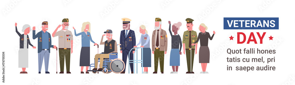 Veterans Day Celebration National American Holiday Banner With Group Of Retired Military People Vector Illustration - obrazy, fototapety, plakaty 